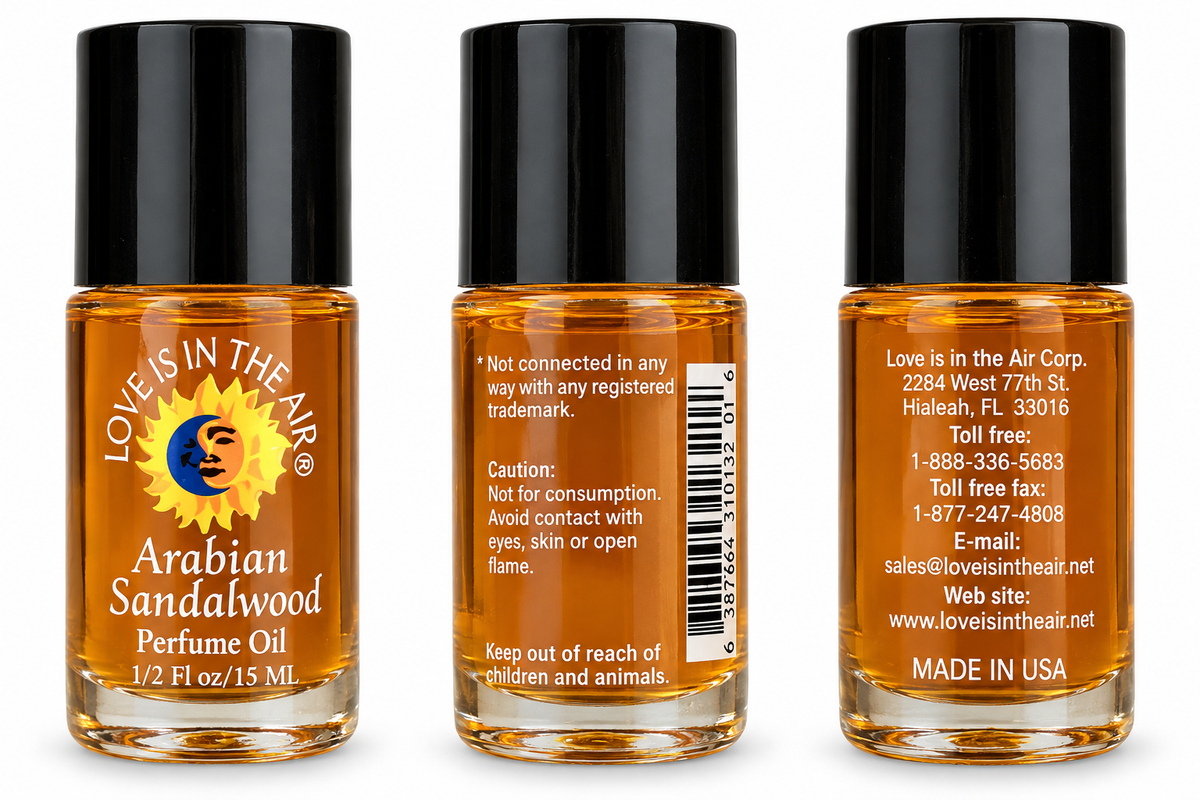 Love Is In The Air Arabian Sandalwood Perfume Oil 15 mL - three product views