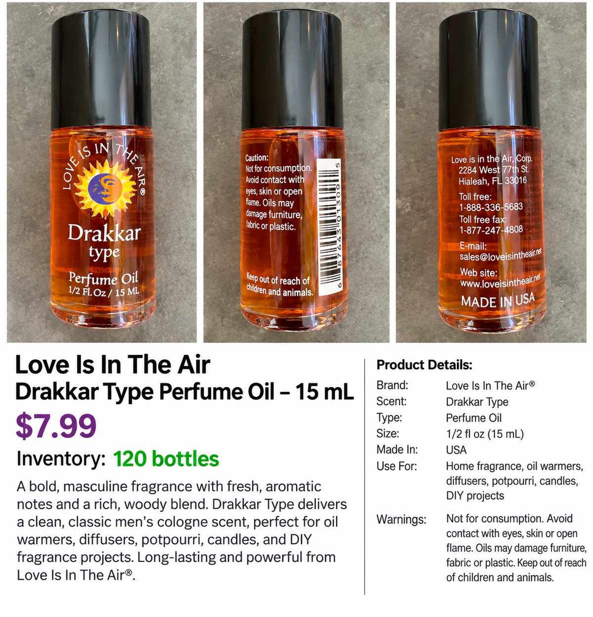 Love Is In The Air Drakkar Type Perfume Oil 15 mL - three product views
