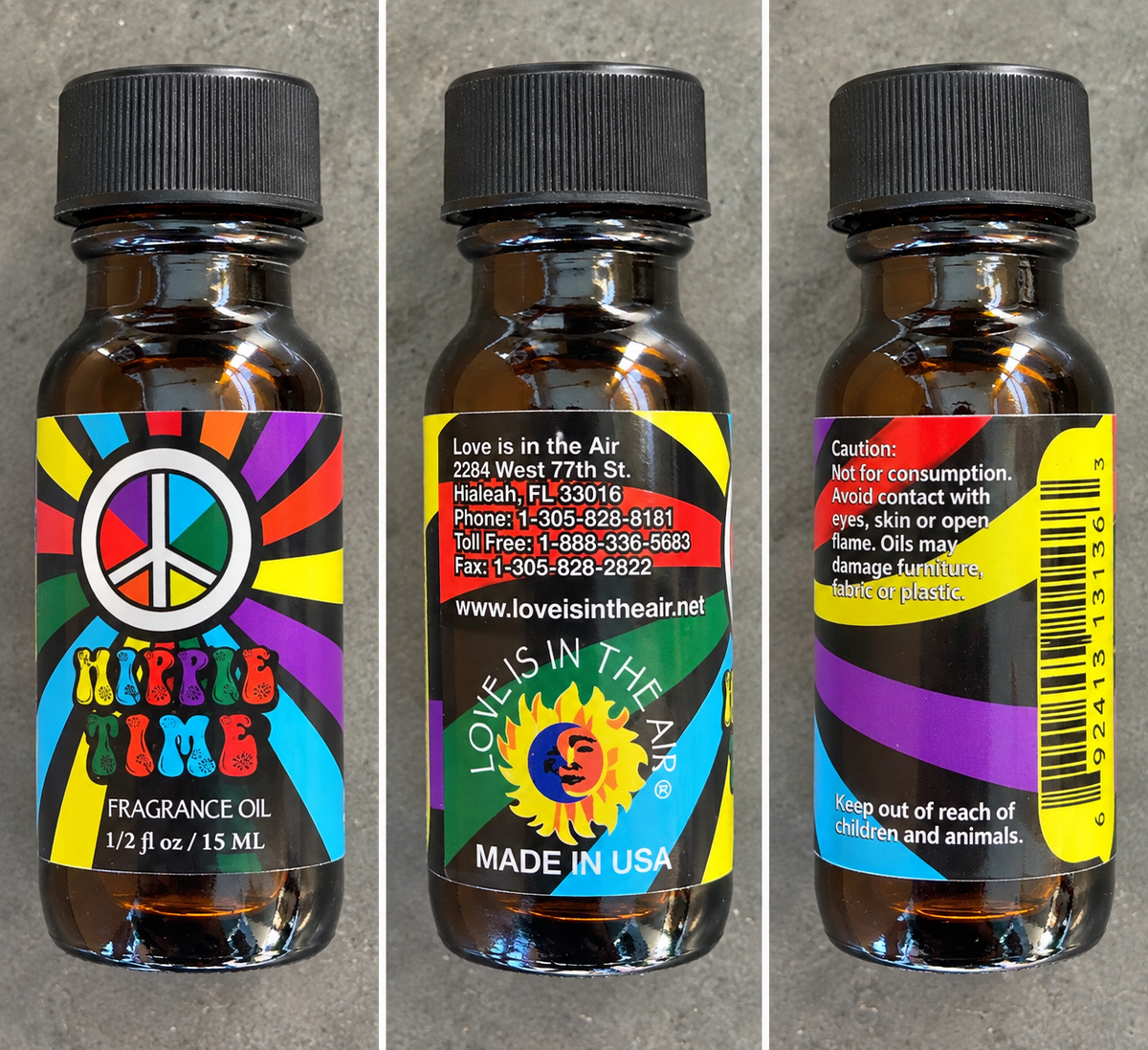 Love Is In The Air Hippie Time Fragrance Oil 15 mL - front, information and caution views