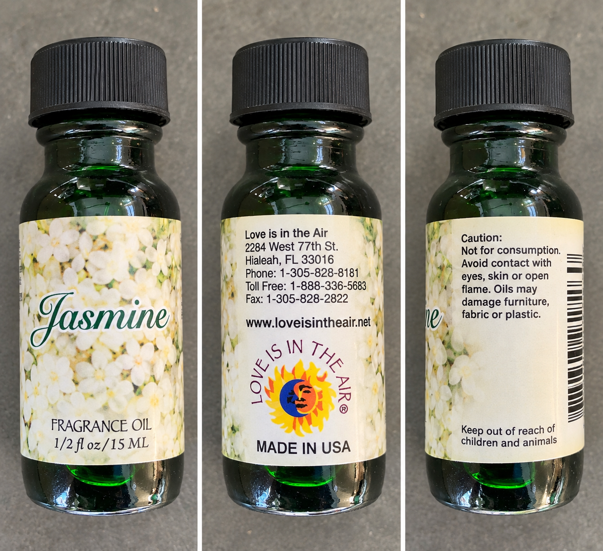 Love Is In The Air Jasmine Fragrance Oil 15 mL floral label - front, company information and caution views