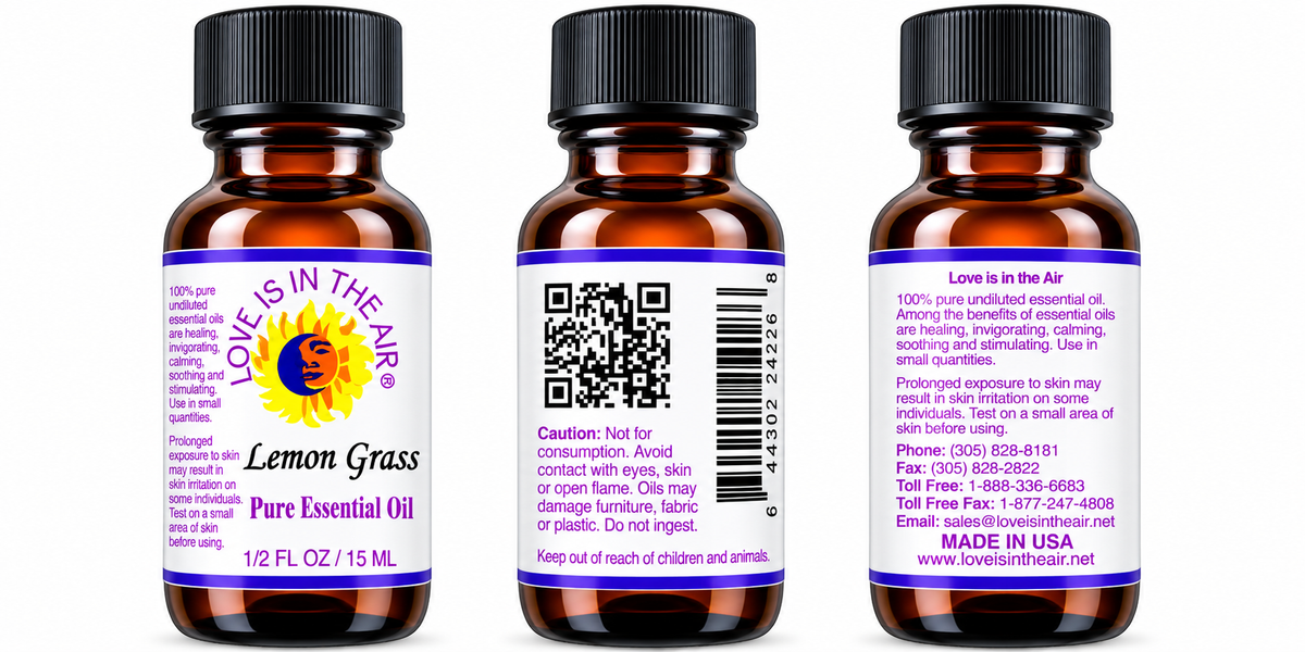 Love Is In The Air Lemon Grass Pure Essential Oil 15 mL - front, caution and information views
