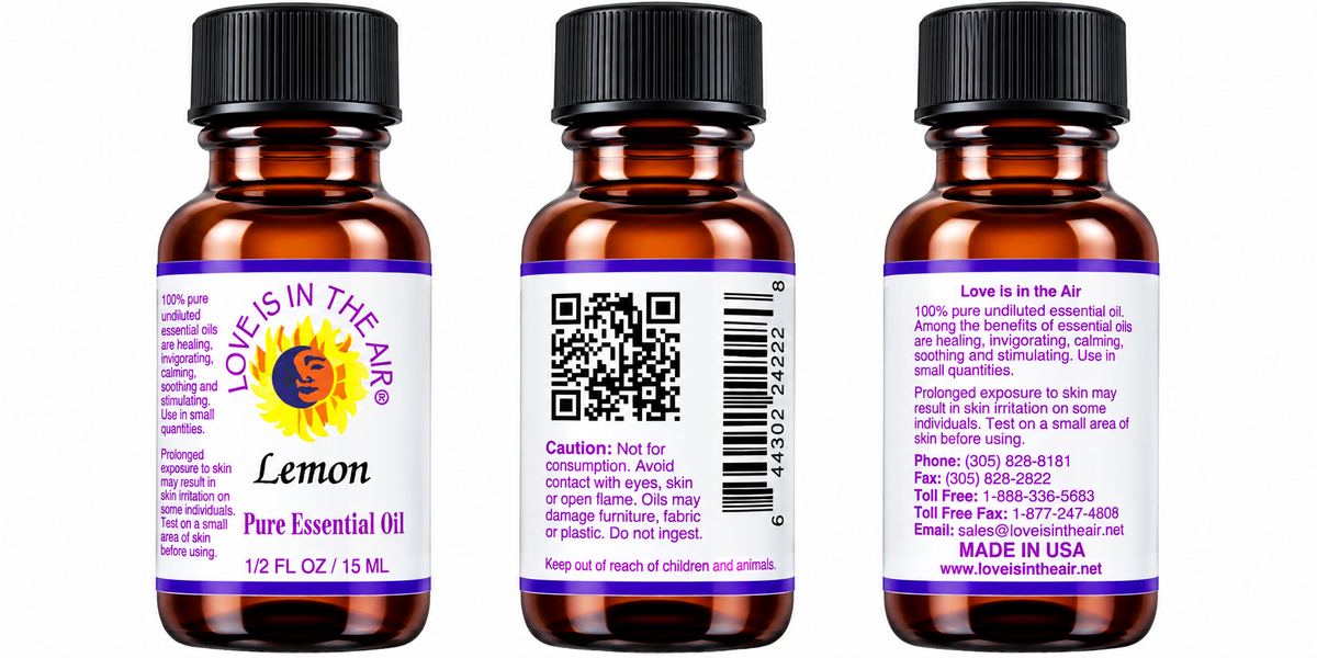 Love Is In The Air Lemon Pure Essential Oil 15 mL - front, caution and information views