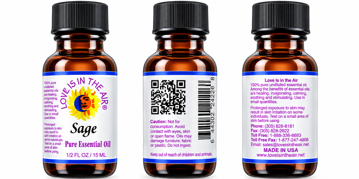 Love Is In The Air Sage Pure Essential Oil 15 mL - front, caution and information views