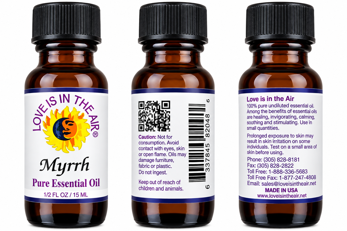 Myrrh Pure Essential Oil 15 mL by Love Is In The Air - front, caution and back views